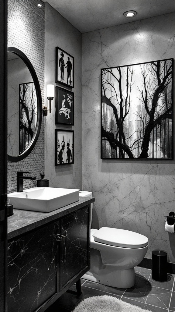 A stylish black and white bathroom featuring bold wall art, including a large tree silhouette and smaller framed pieces.