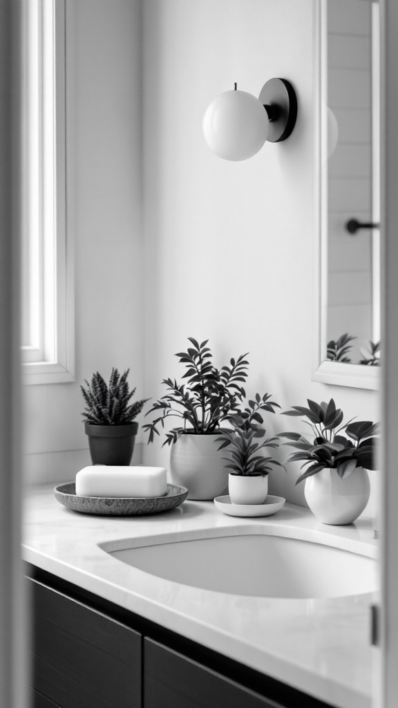 Black and white bathroom with plants and accessories