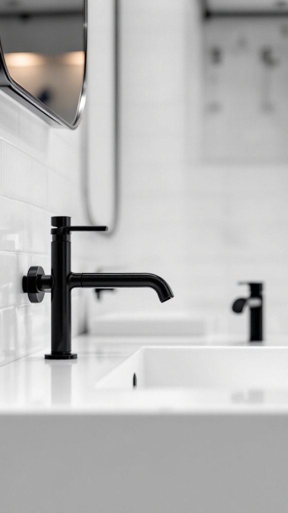 Elegant black faucets on a white bathroom countertop