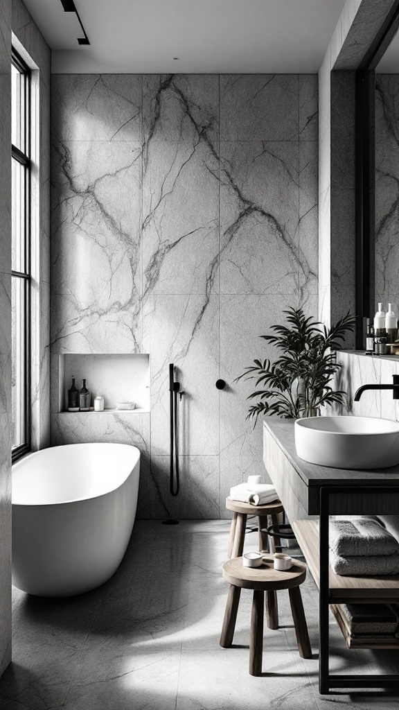 A modern black and white bathroom featuring marble walls, a white bathtub, wooden stool, and a potted plant.