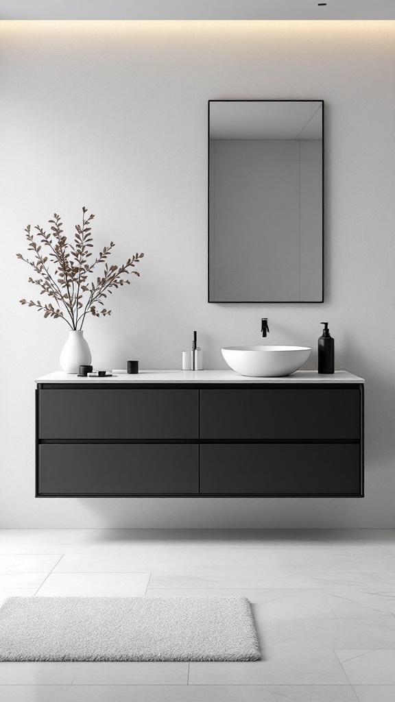 Sleek black floating vanity with a white bowl sink, mirror, and minimalist decor in a modern bathroom.