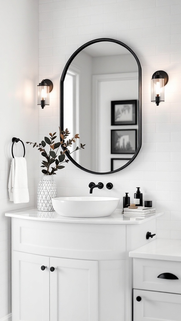A stylish black and white bathroom featuring a large oval mirror with a black frame, white sink, and decorative elements.
