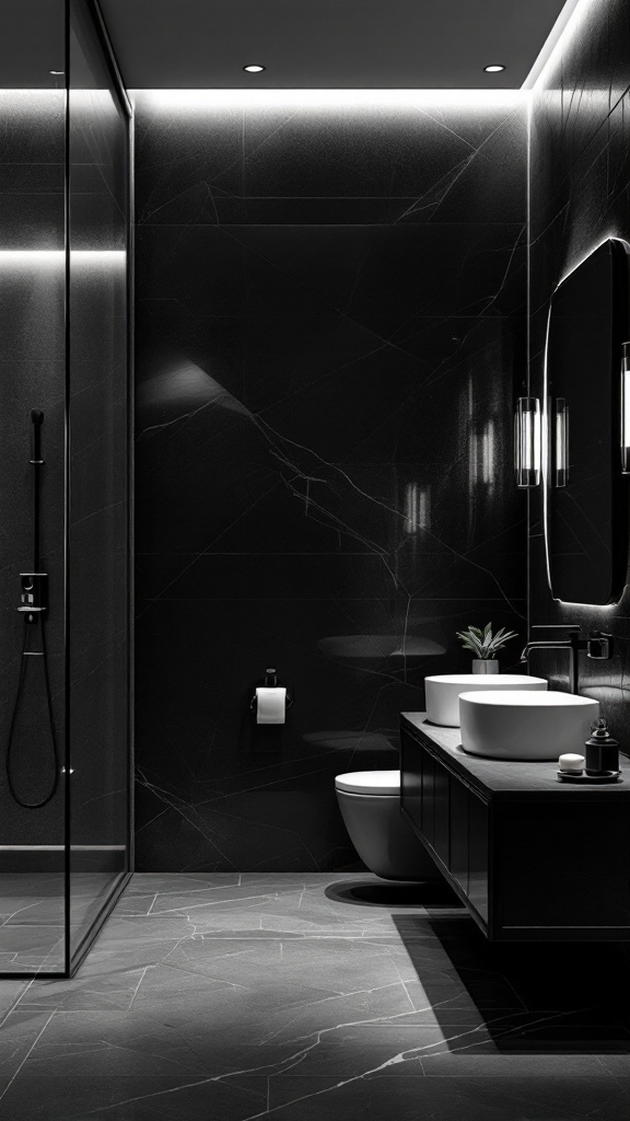 Modern black and white bathroom with strategic lighting