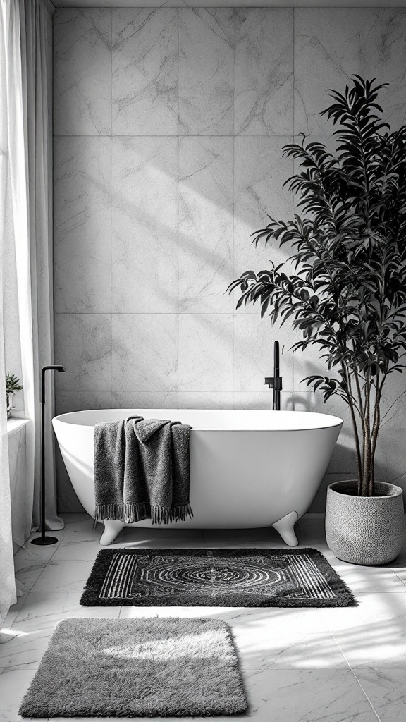 A stylish black and white bathroom featuring a freestanding bathtub, textured rugs, and a potted plant.