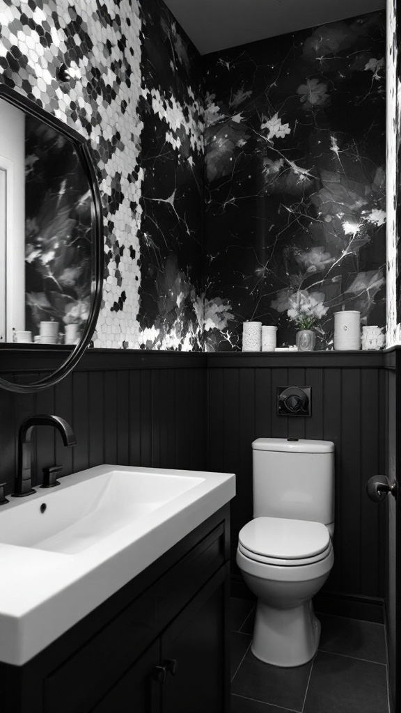 A black and white bathroom featuring hexagonal tiles, a dark floral mural, and a modern sink and toilet.