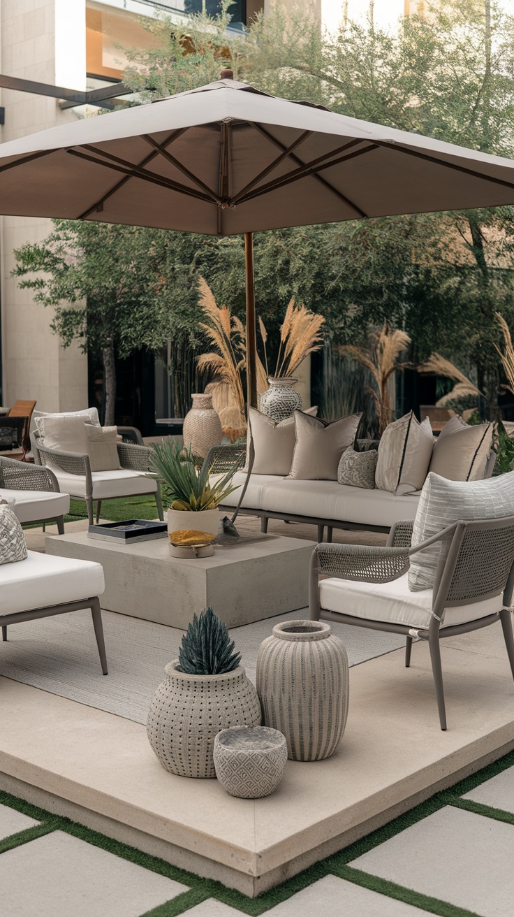 Cozy outdoor living room setup with comfortable seating, a central table, and decorative plants.