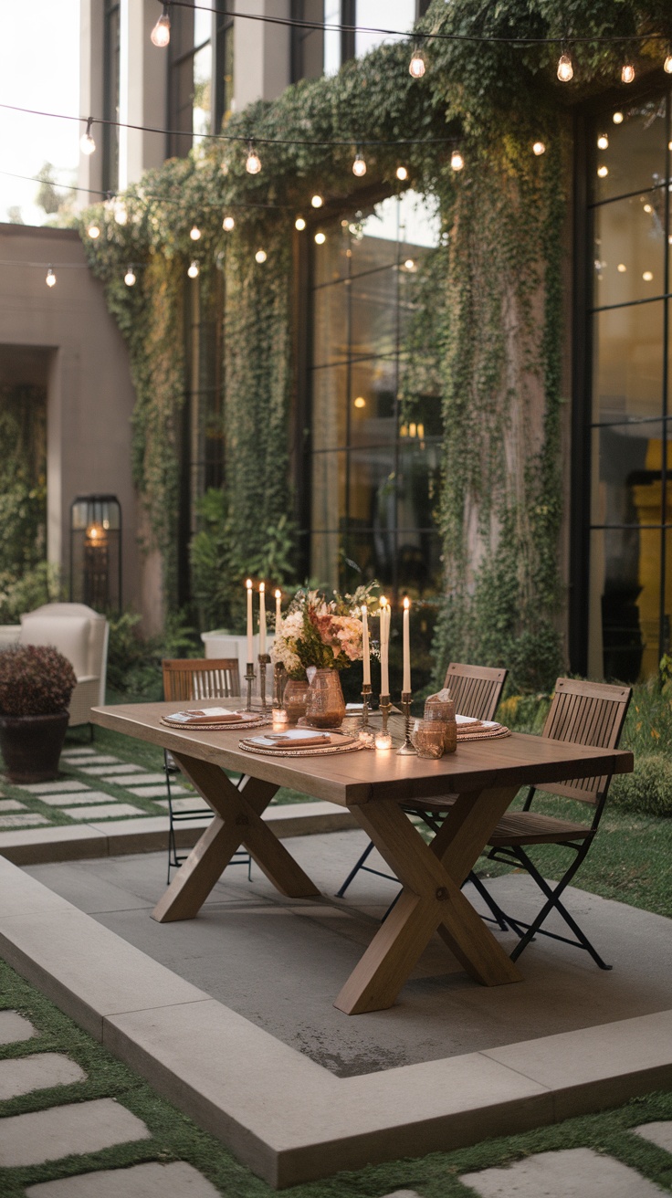 A beautifully arranged outdoor dining area with a wooden table, chairs, candles, and greenery.