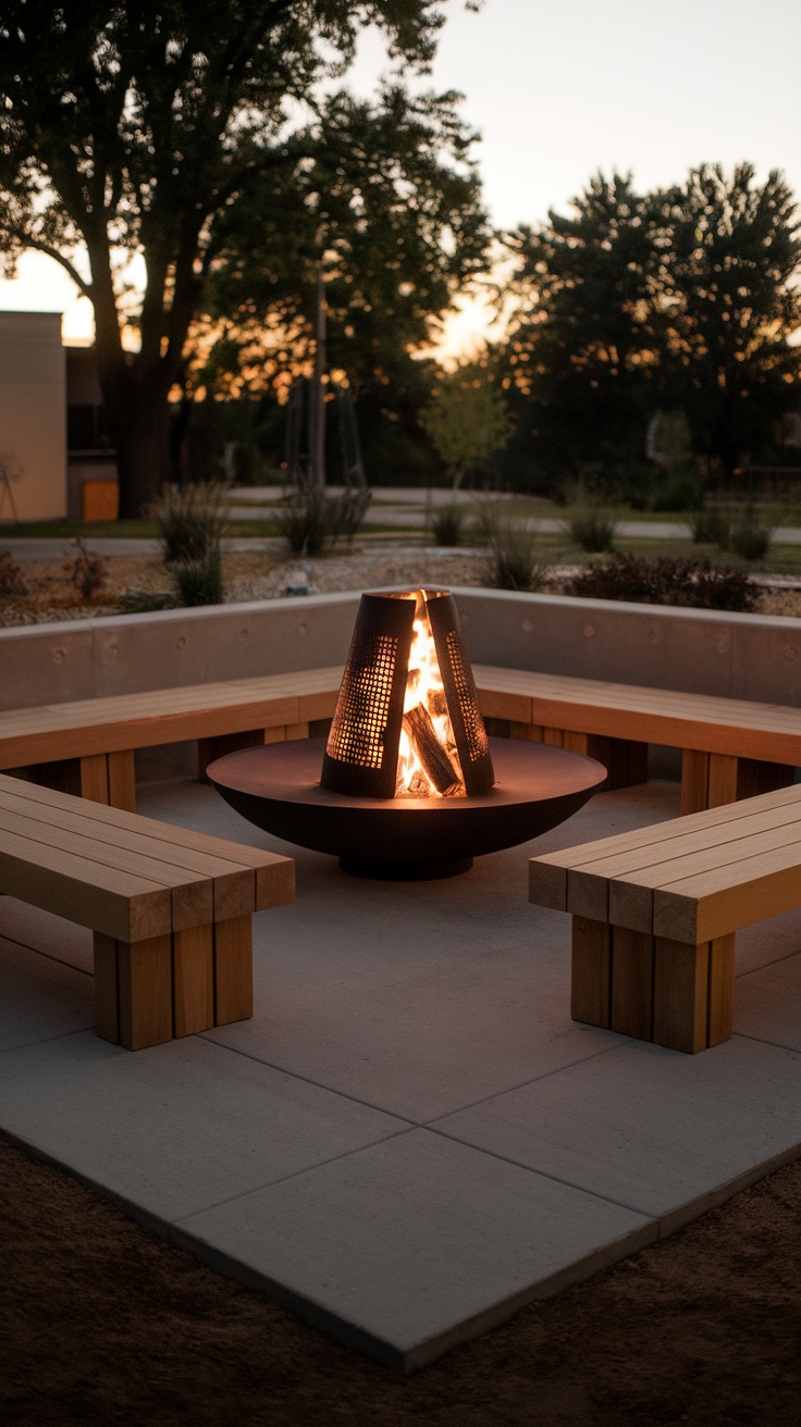 Rectangle patio layout featuring a fire pit surrounded by benches.