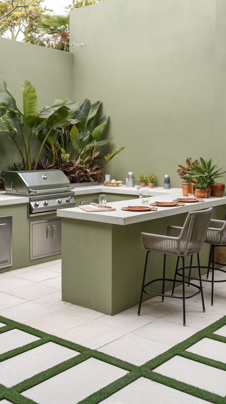 An outdoor kitchen with a grill and seating area, surrounded by greenery.