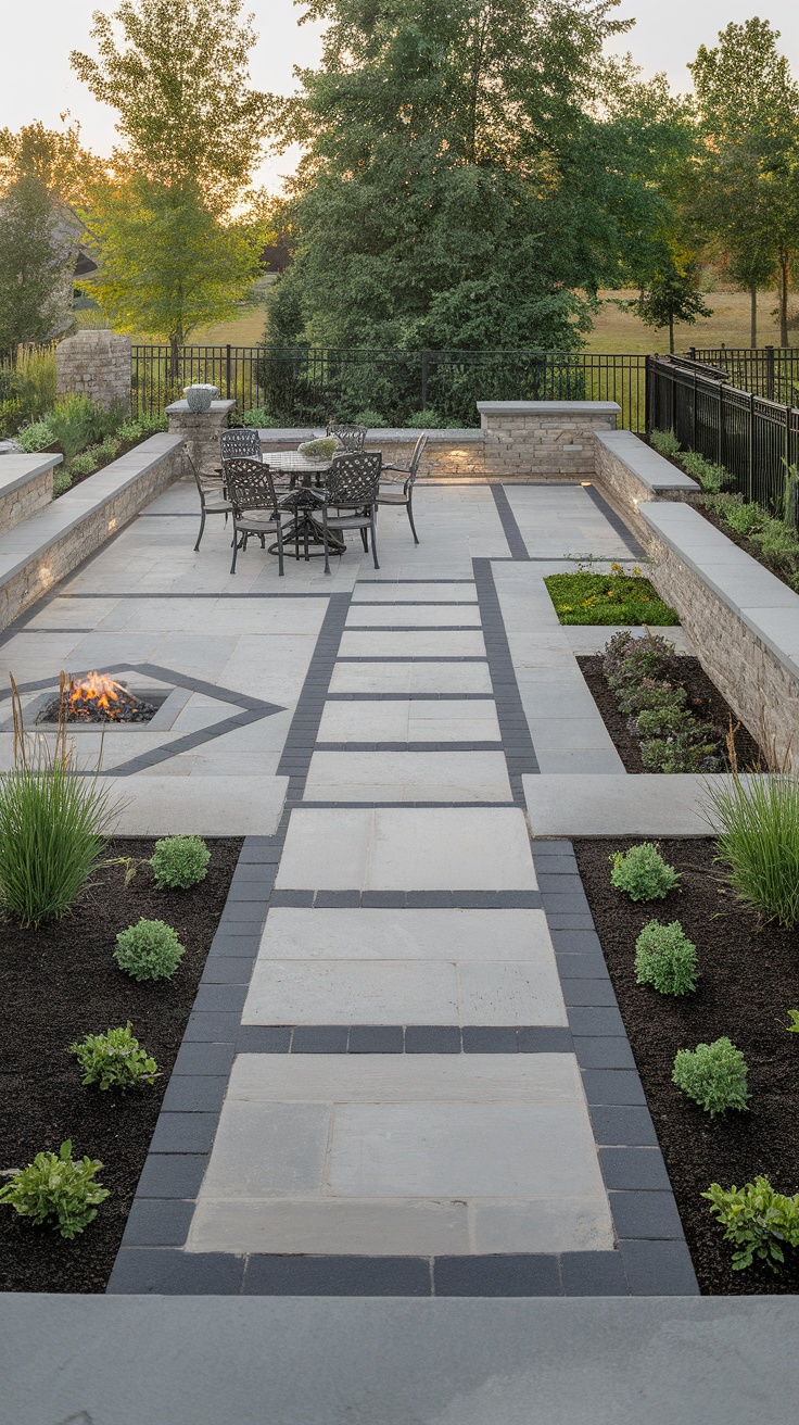 A rectangular patio featuring a pathway design with contrasting stone materials, surrounded by greenery.