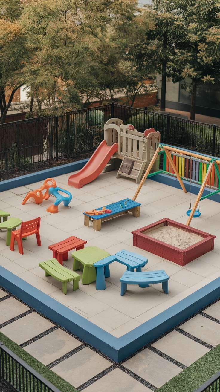 Colorful play area with a slide, swings, and sandbox on a rectangle patio