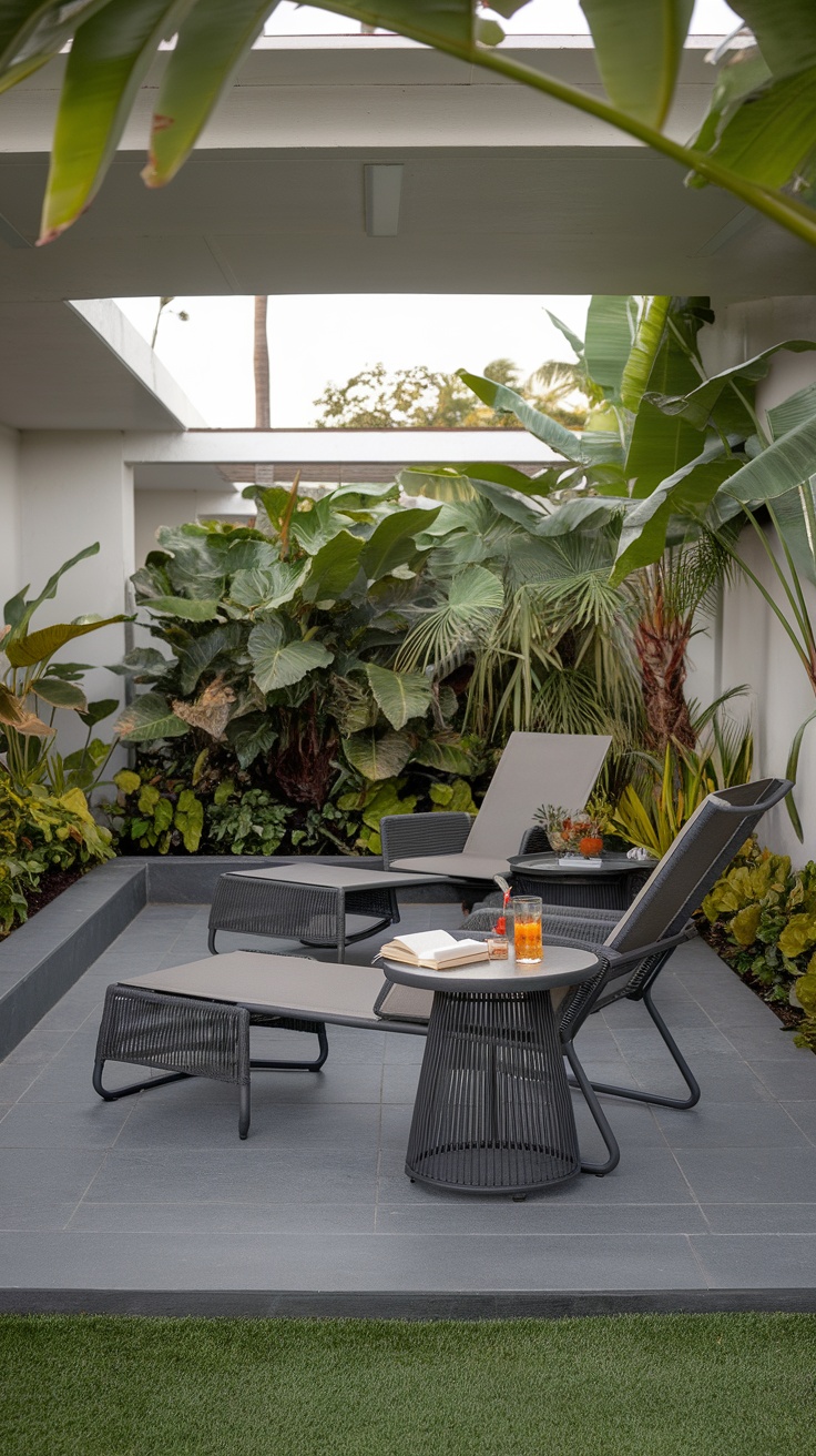 A cozy patio corner featuring lounge chairs and a small table surrounded by lush greenery.