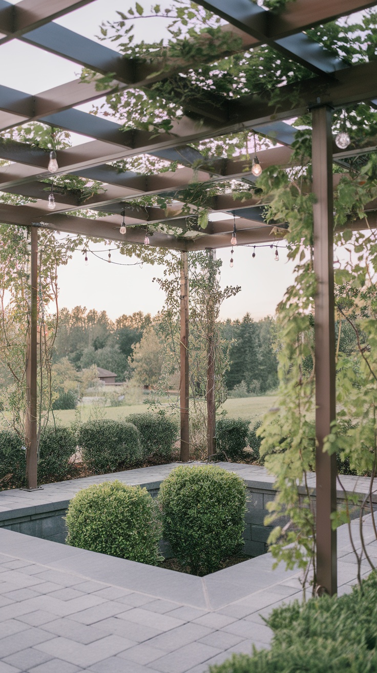 A beautiful pergola with climbing vines and hanging lights over a rectangular patio.