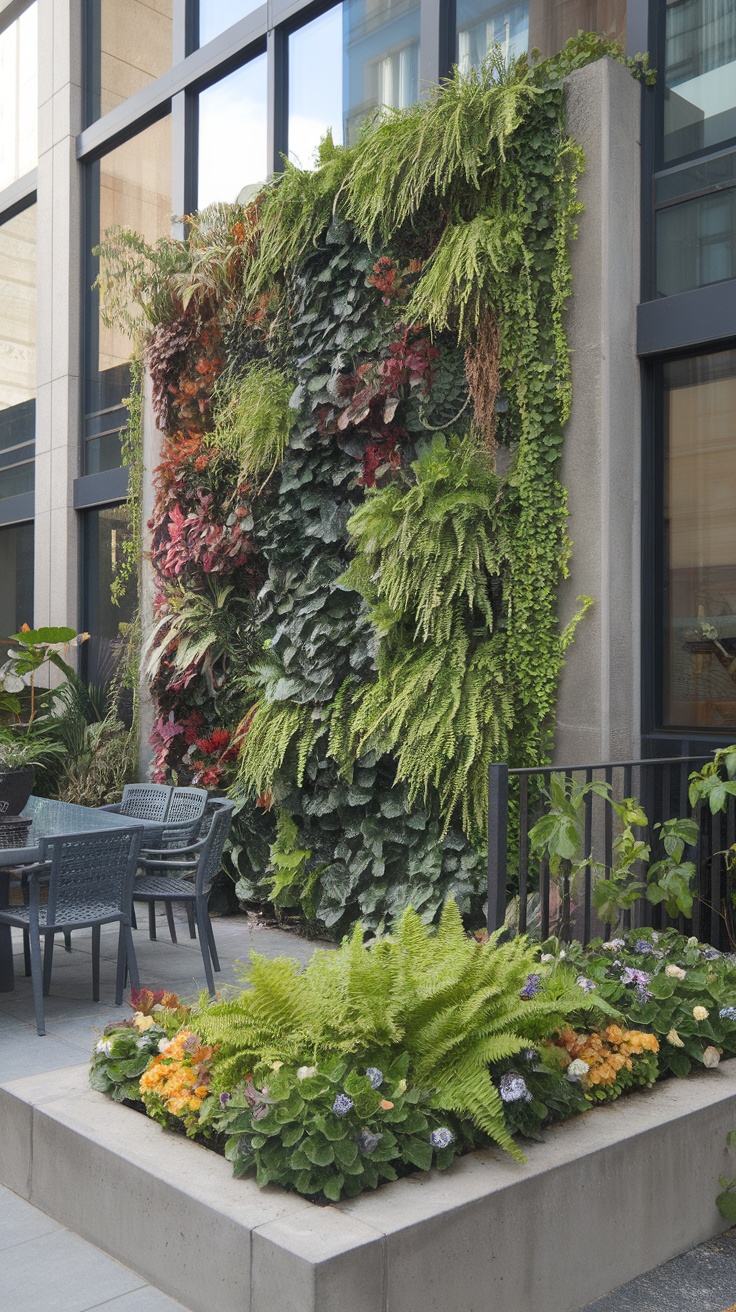 A vertical garden wall featuring a variety of green plants and colorful foliage.