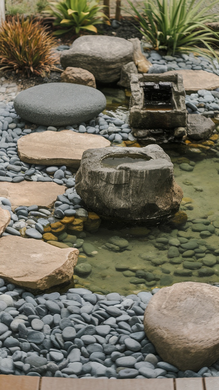 Zen rock water feature with stones and water