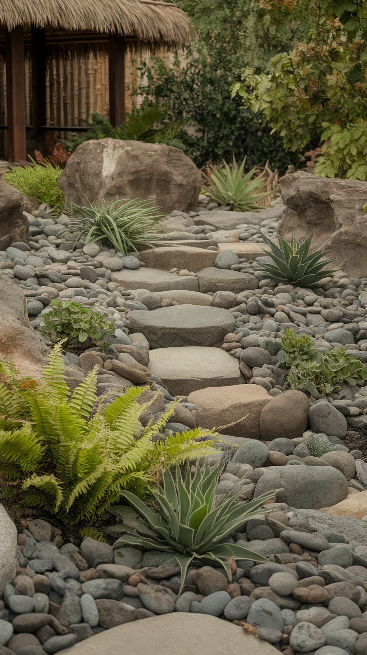 A garden pathway lined with river rocks and plants