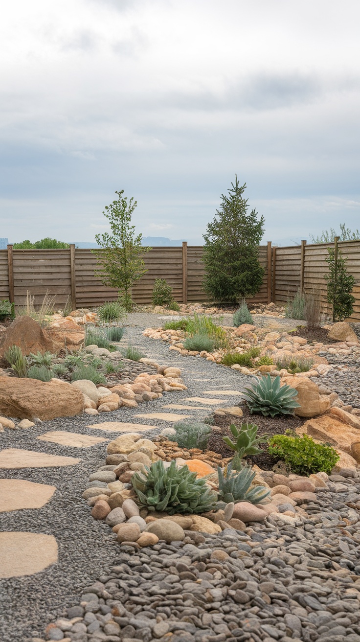 A beautifully landscaped low-maintenance rock garden featuring pathways, various stones, and green plants.