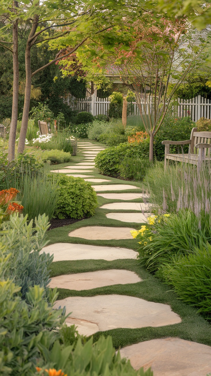 A beautifully landscaped garden with a winding stone path surrounded by greenery and flowers.