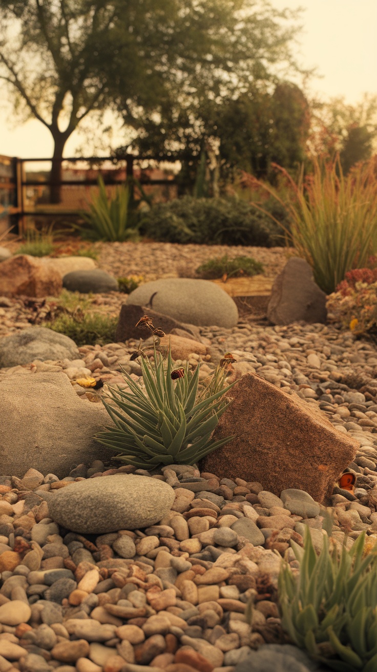 A landscaped rock bed featuring various stones and plants.