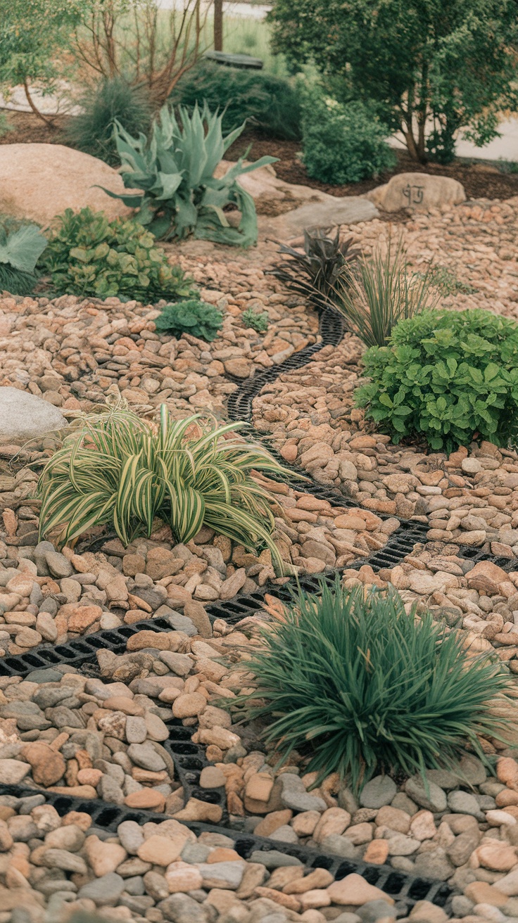 Rock mulch bed with various plants and stones for improved drainage