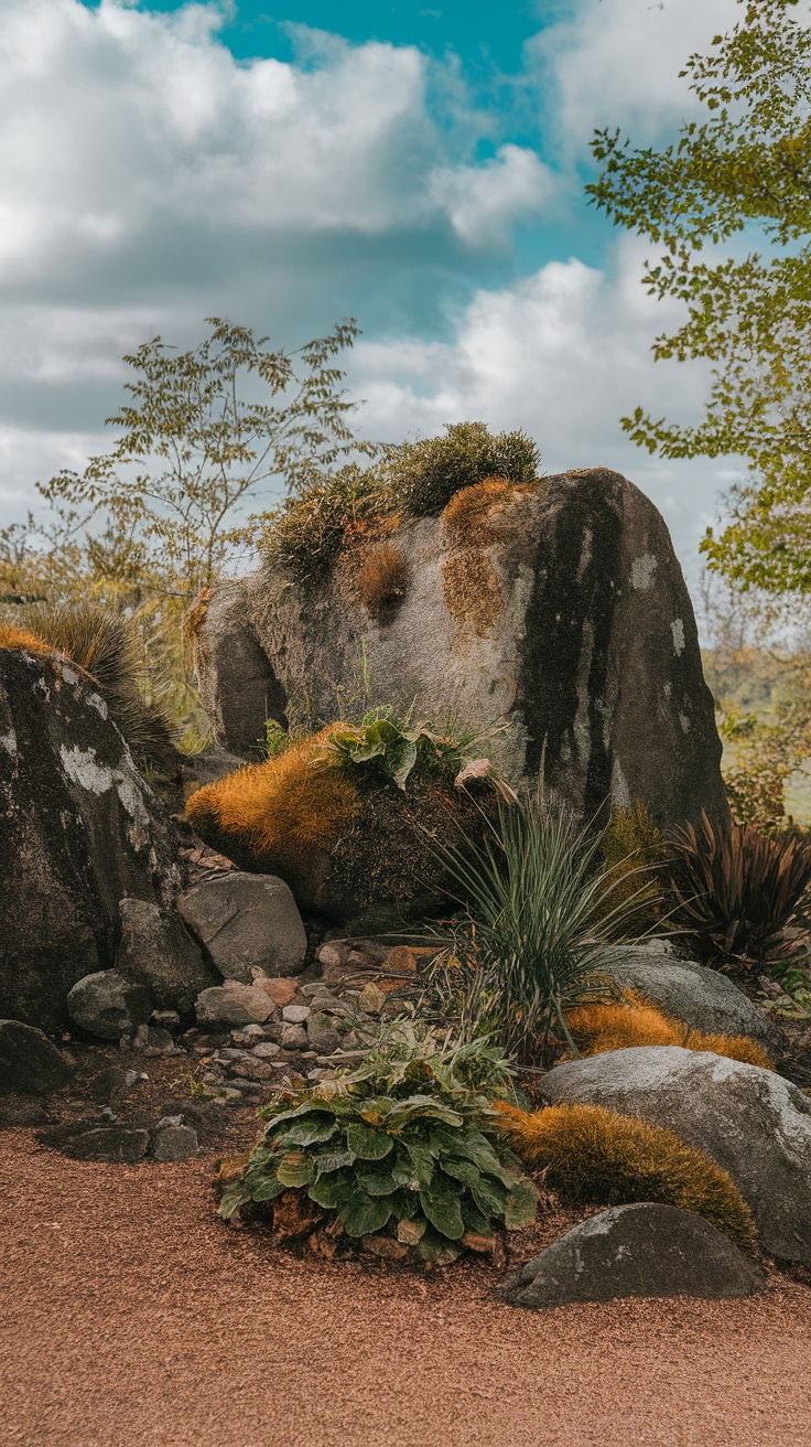 A serene landscape featuring large boulders surrounded by lush greenery and moss.