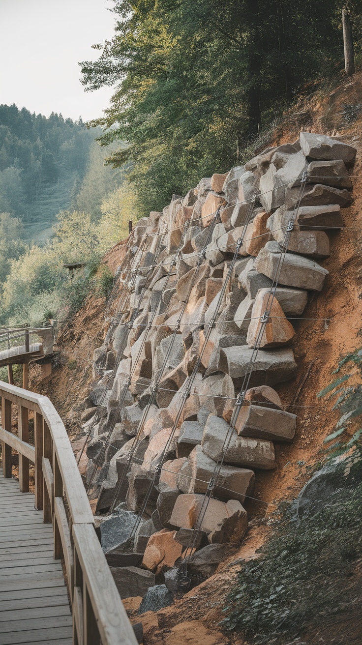 A vertical rock wall designed for erosion control, showcasing large stones and a natural slope.