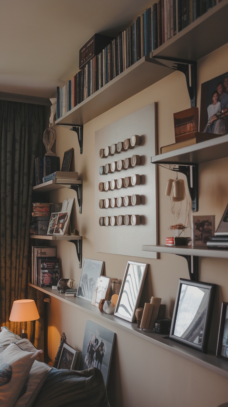 A cozy bedroom with shelves displaying books, photos, and decorative items.