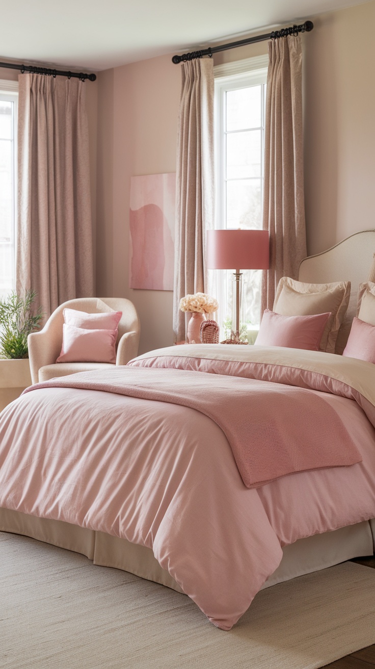 A cozy bedroom featuring soft pink and neutral tones with a comfortable bed and stylish decor.