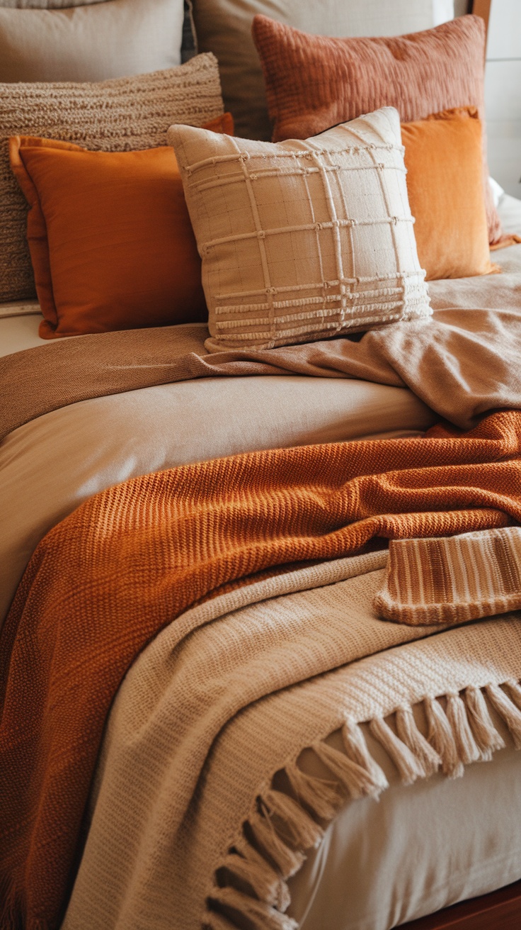 Close-up of layered bedding with various textured pillows and blankets.