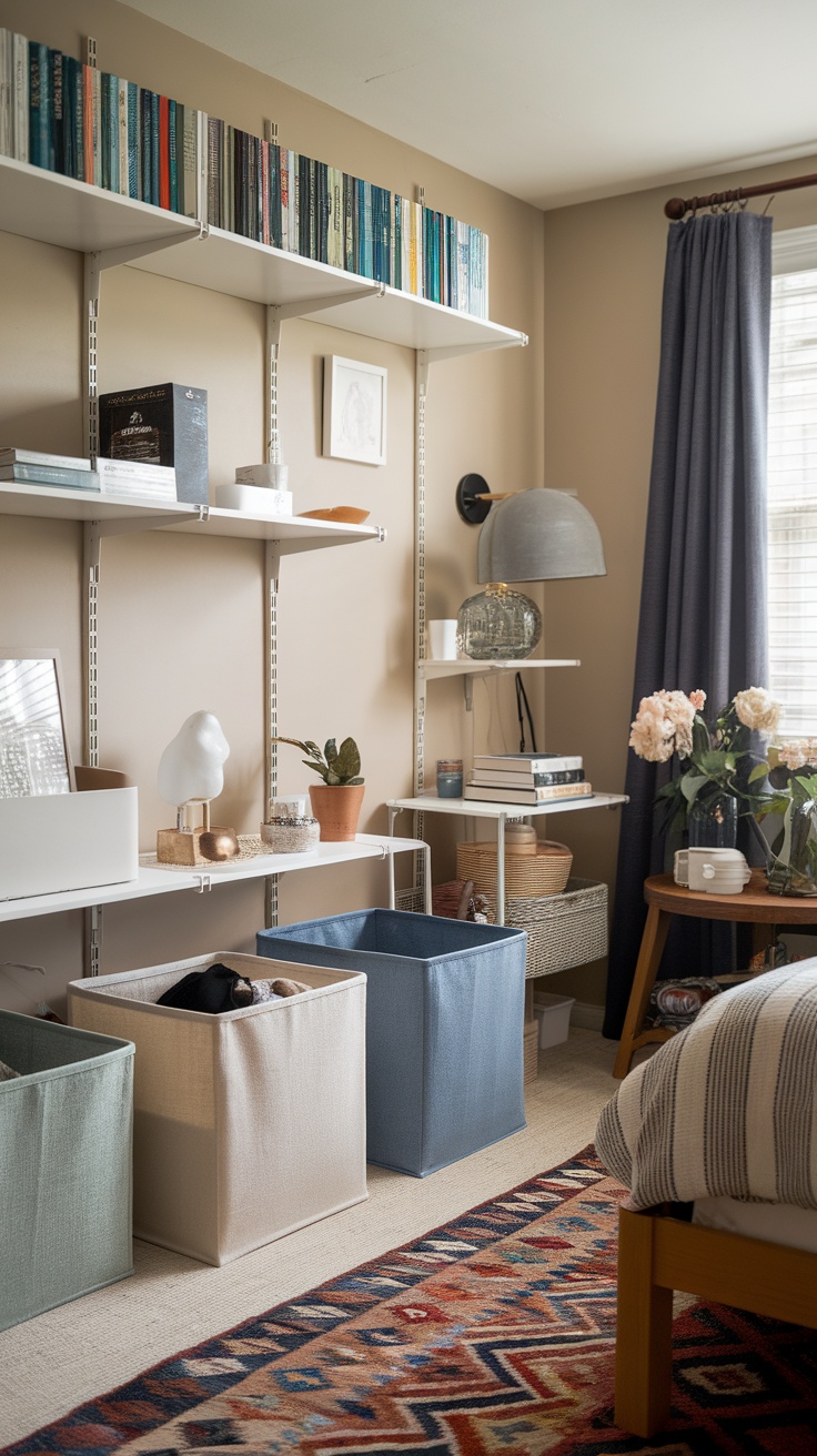 A cozy bedroom corner featuring stylish storage bins, bookshelves, and decorative elements.