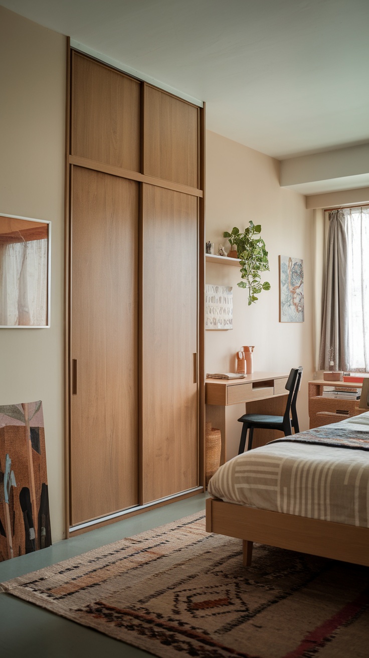 A cozy bedroom featuring functional furniture arrangements with a wooden closet, desk, and decorative elements.