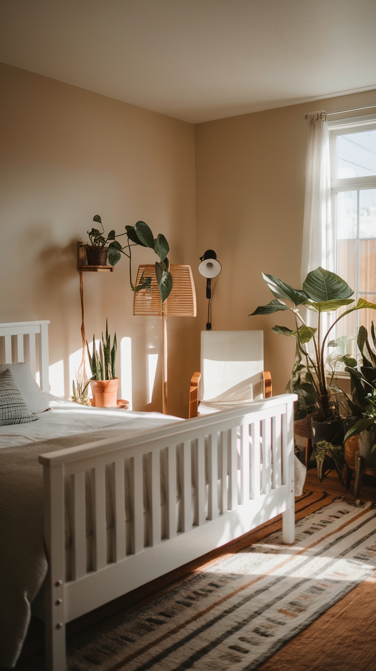 A cozy bedroom featuring various indoor plants, a white bed frame, and warm lighting.