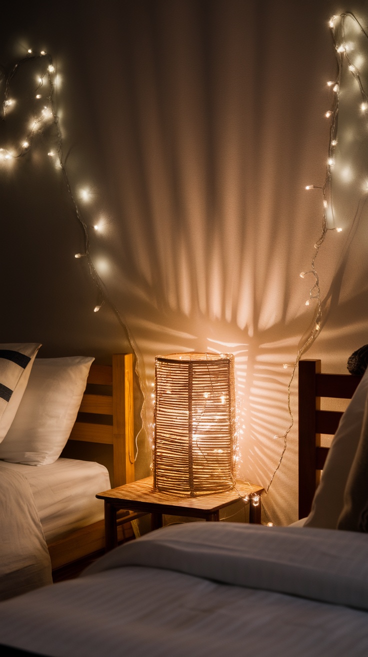 A cozy bedroom scene with warm lighting from a lamp and string lights.