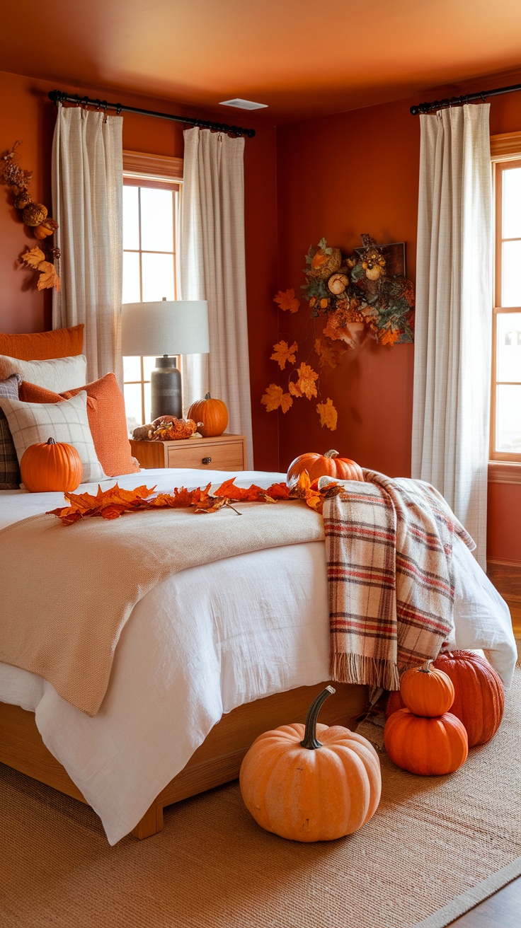 A cozy fall-themed bedroom with pumpkins, warm blankets, and autumn leaves.