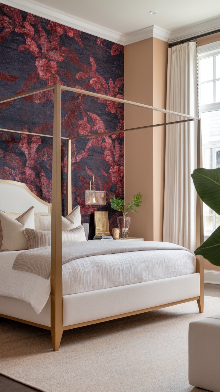 Modern bedroom showcasing a statement wall with floral patterns in red and navy, complemented by neutral bedding and decor.