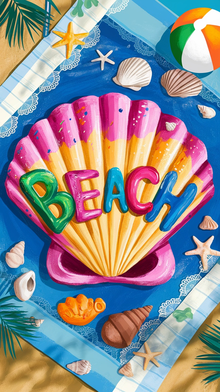 Colorful seashell art project with a beach theme.