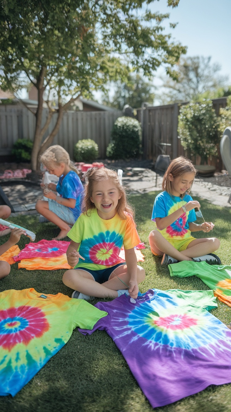 Kids joyfully creating tie-dye t-shirts outdoors in a sunny backyard.