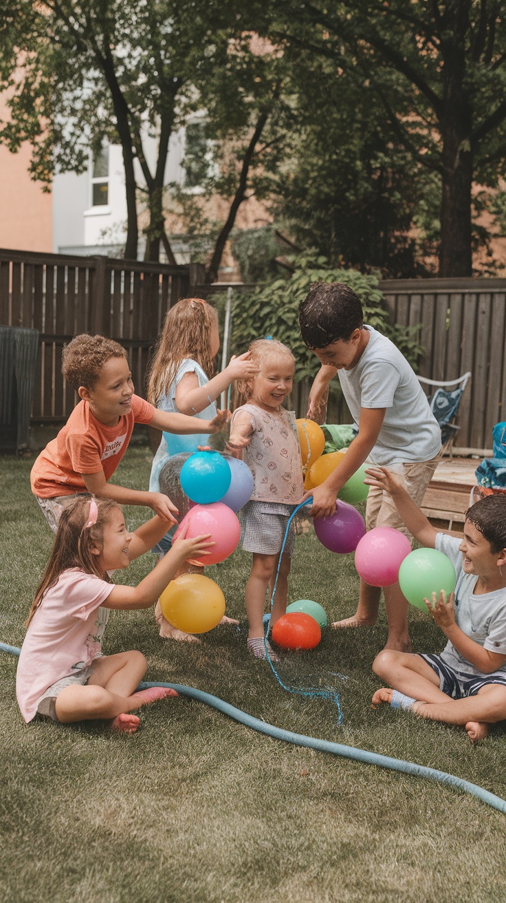 Kids playing with colorful water balloons in a backyard