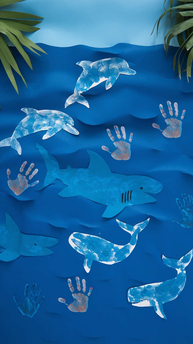 Colorful handprint sea creatures including dolphins, sharks, and whales made from paper and paint.