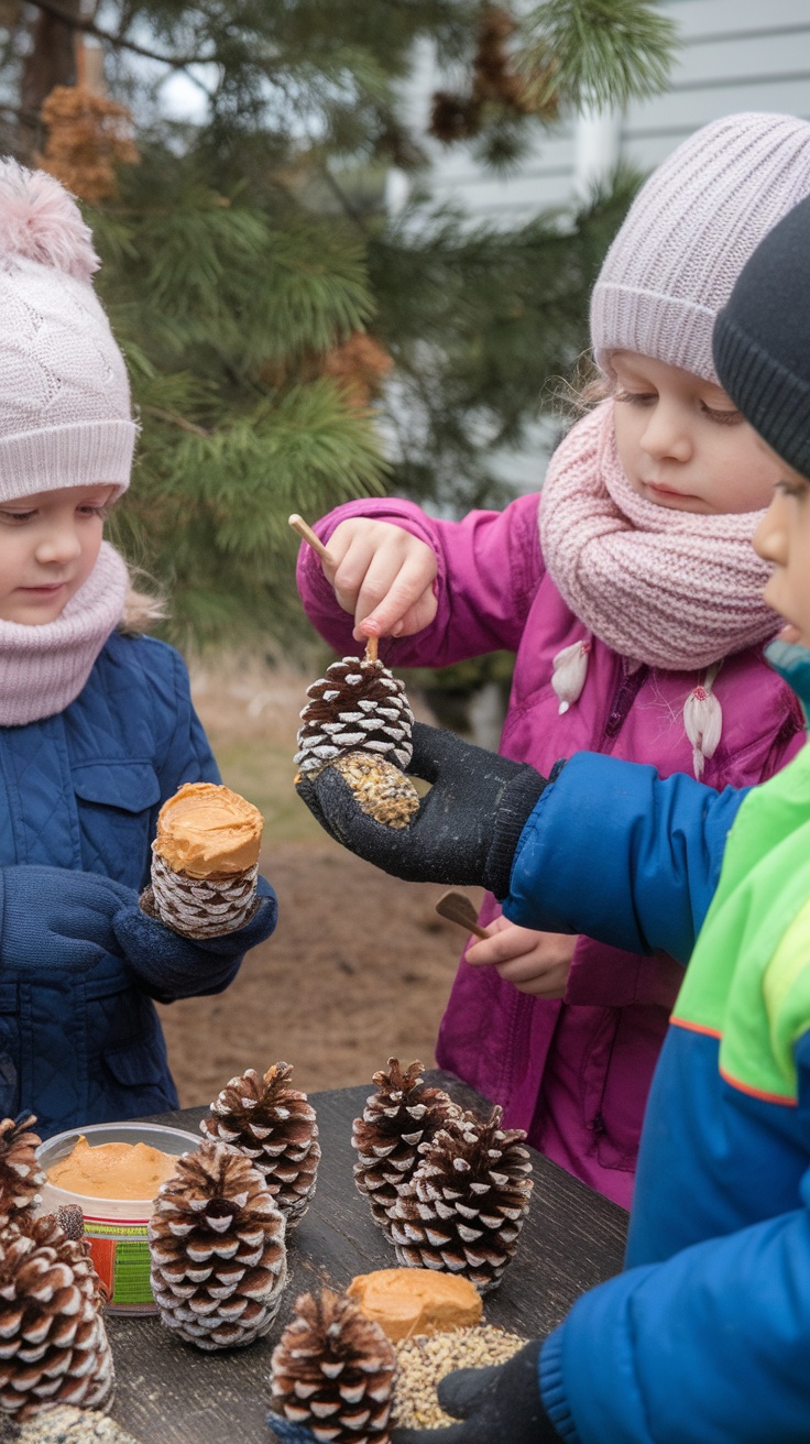 Kids making bird feeders with pine cones, peanut butter, and birdseed.