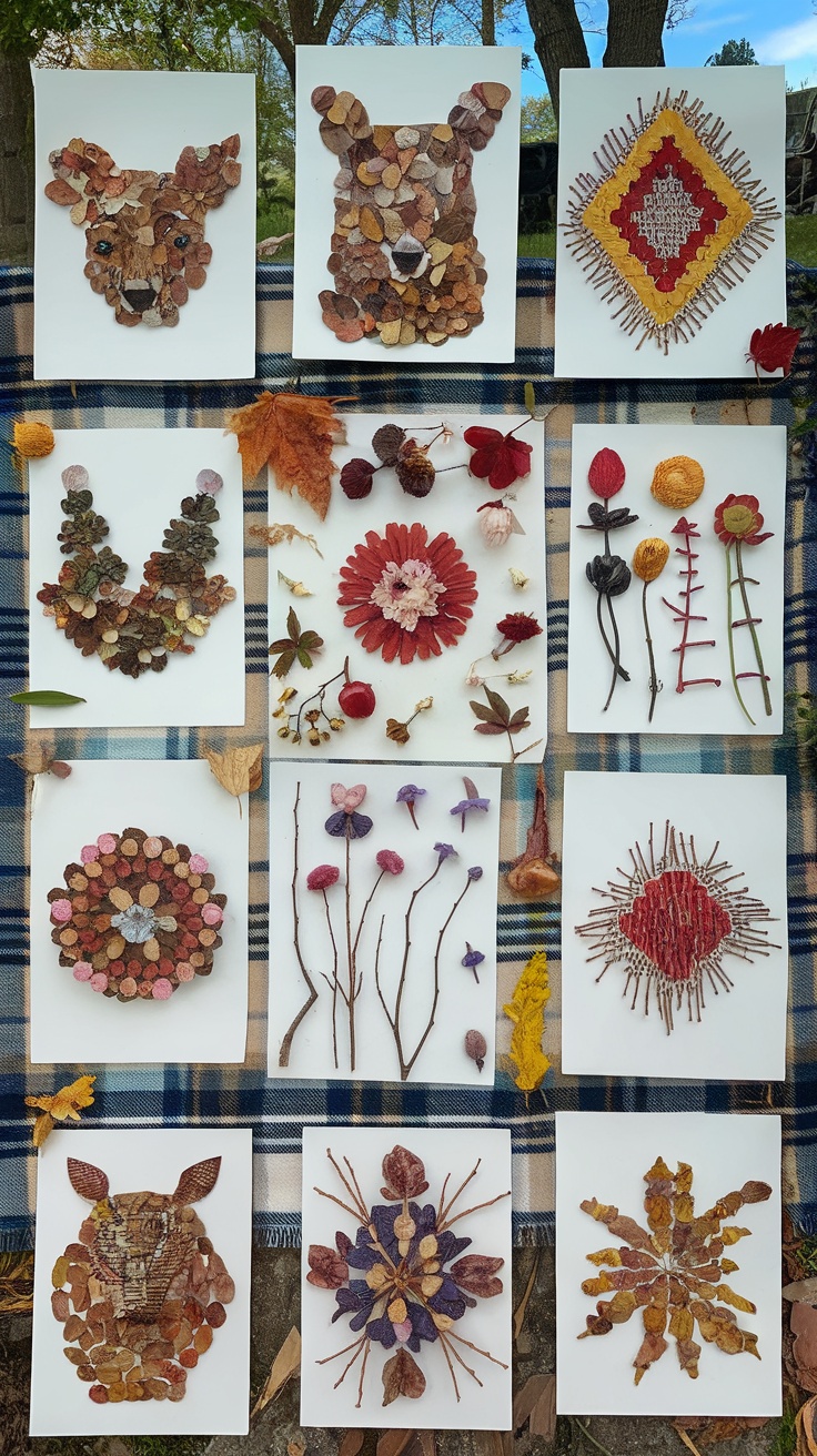 A collection of nature-inspired collages made from leaves, flowers, and twigs.