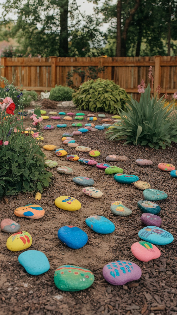 Colorfully painted rocks arranged in a garden