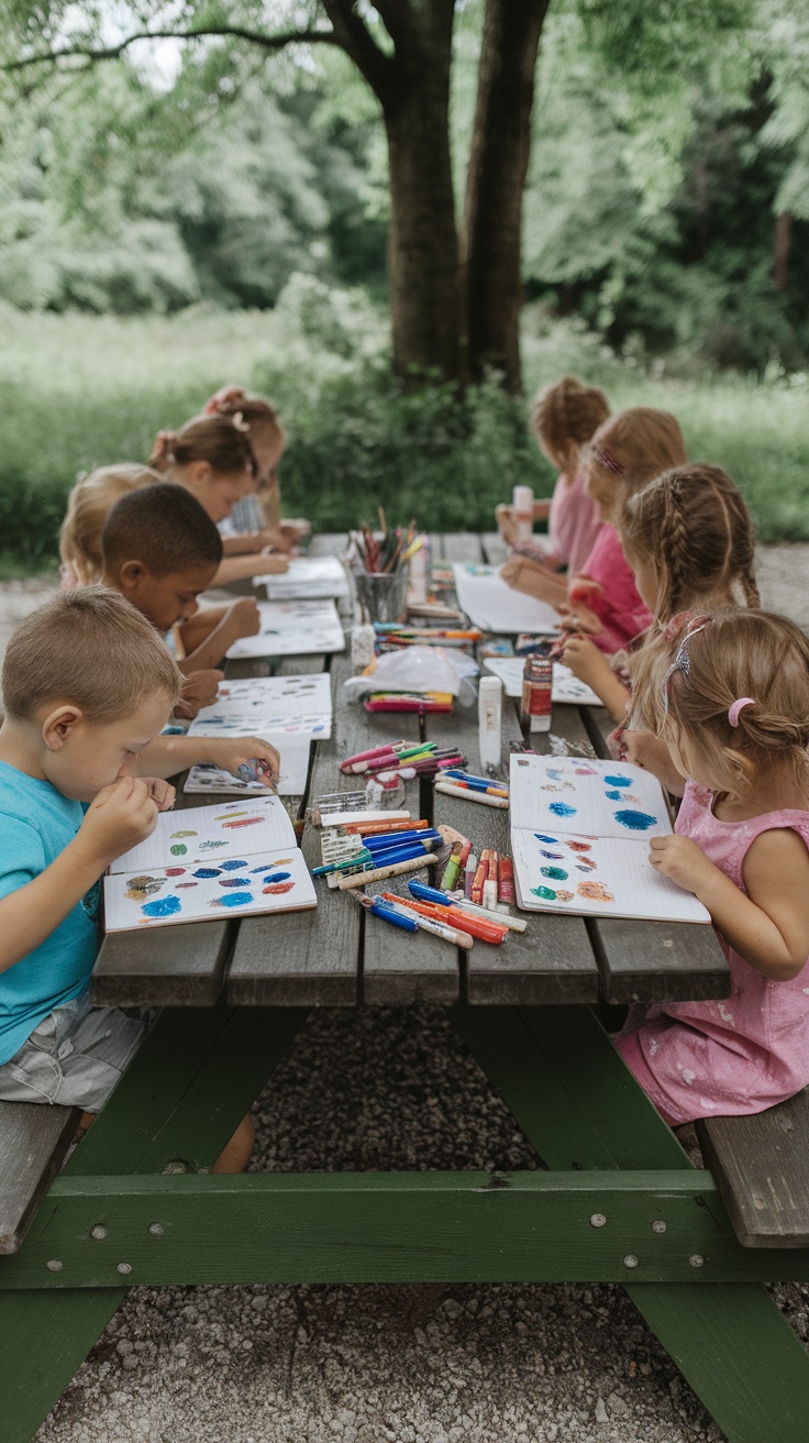 Children engaged in summer craft activities, creating personalized journals outdoors.