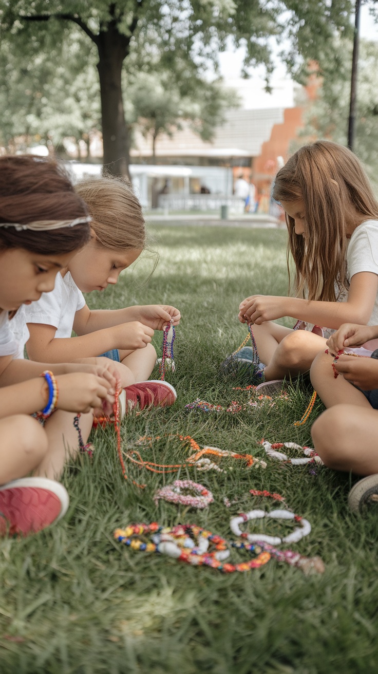 Kids sitting on grass making colorful friendship bracelets