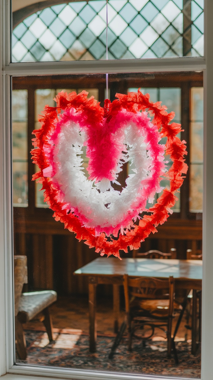 Colorful tissue paper sun catcher in the shape of a heart, hanging in a window