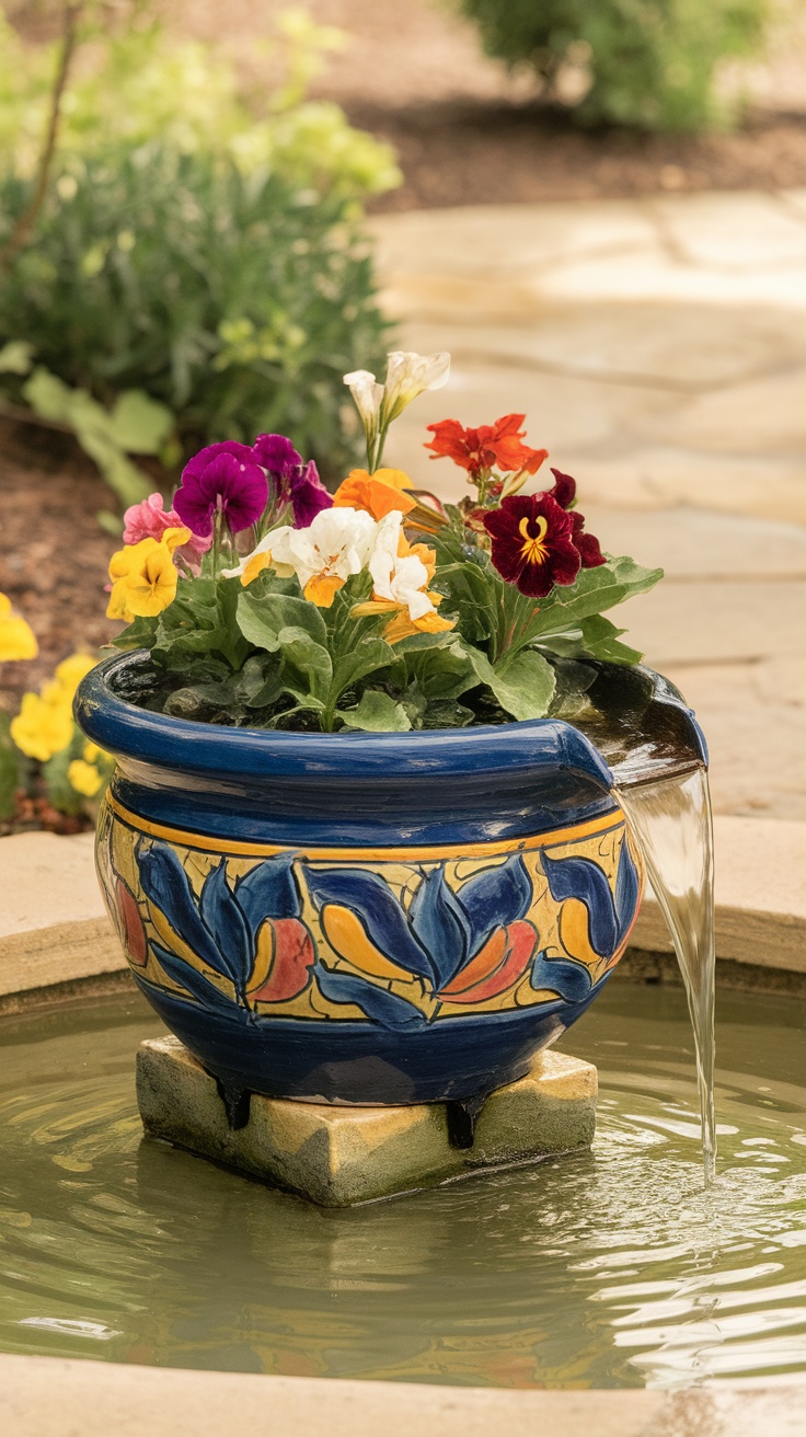 A ceramic pot fountain with colorful flowers, water flowing from the pot into a shallow basin.