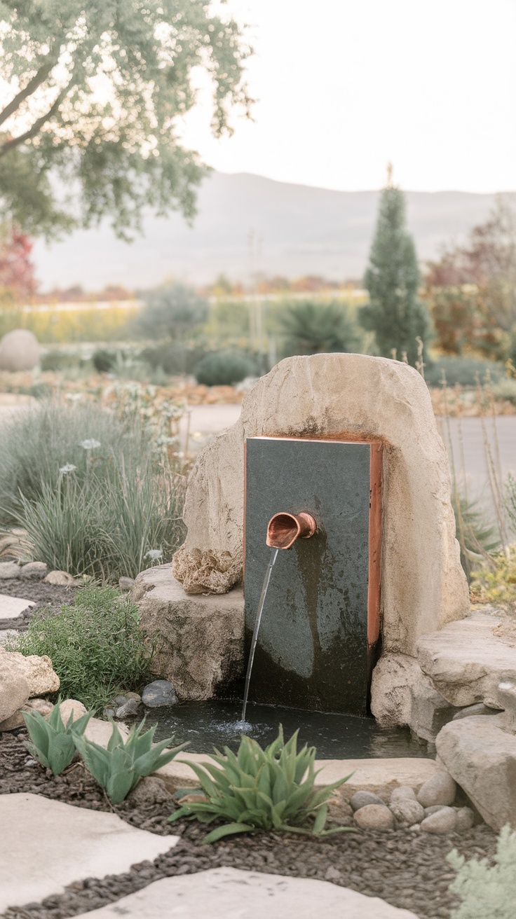 A copper pipe water spout flowing water into a small stone fountain surrounded by greenery.