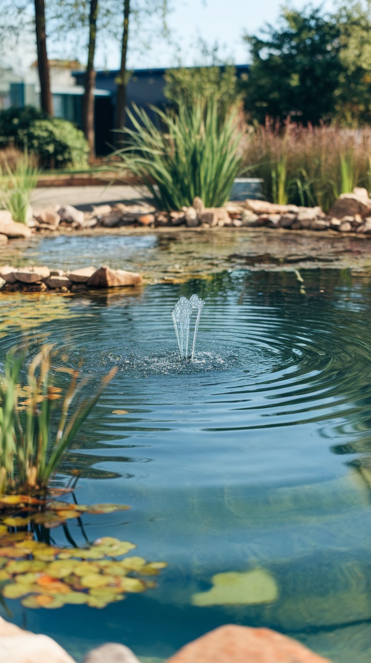 A serene miniature pond with a fountain surrounded by greenery and rocks.