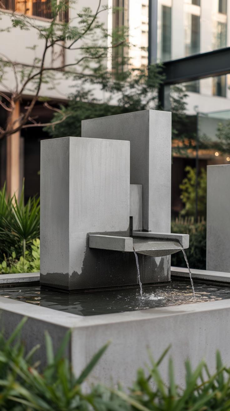 A modern concrete fountain with geometric shapes and flowing water in a garden setting.