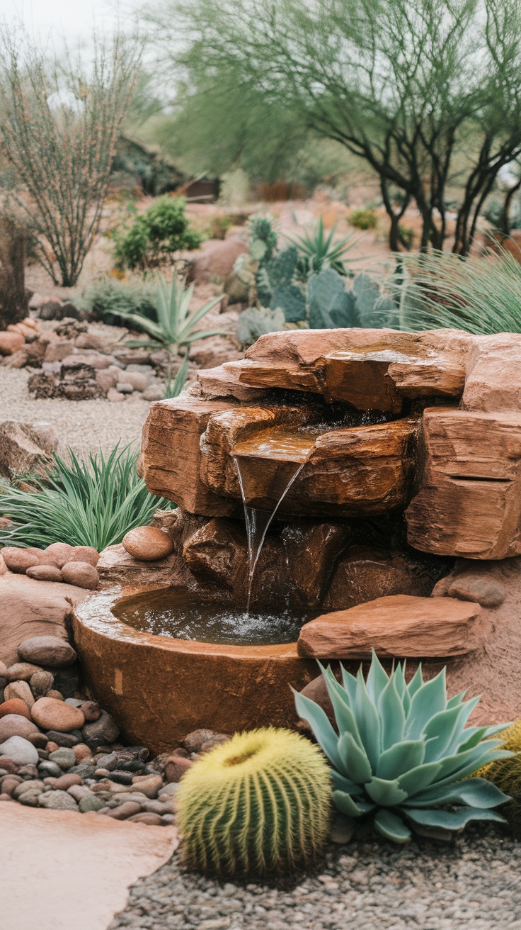 A nature-inspired rock fountain with flowing water and surrounding plants.